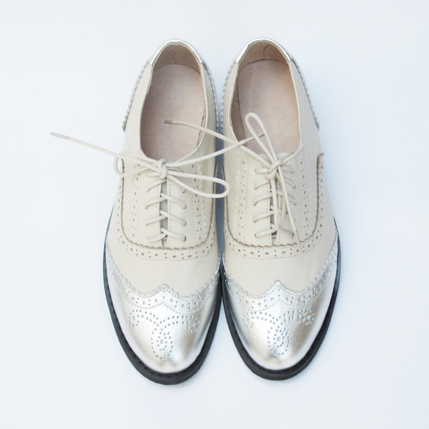Silver Off-white Leather Handmade Oxfords Brogues - Etsy