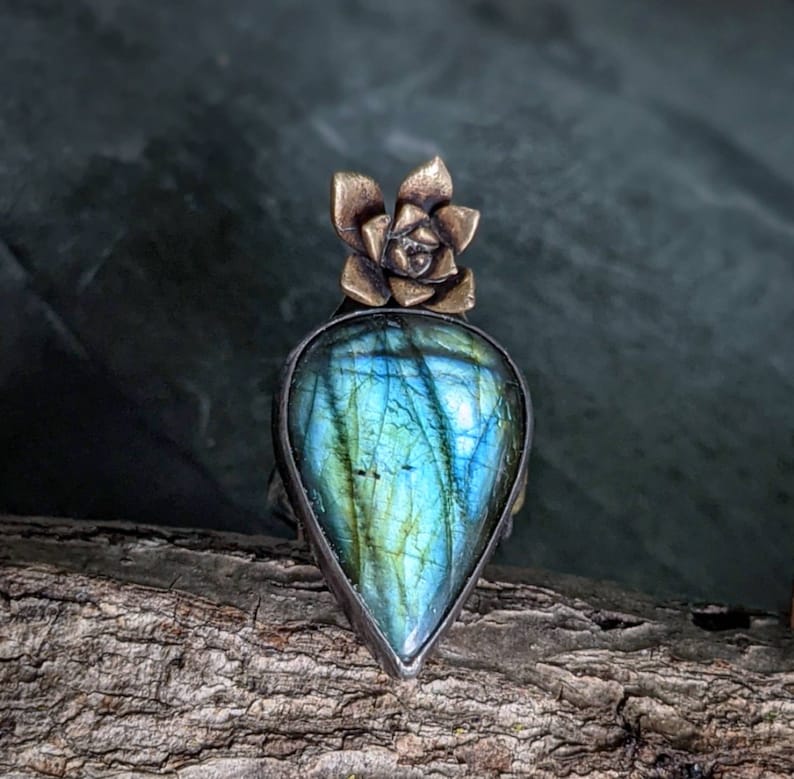 blue flash labradorite cast succulent adjustable statement ring Sterling silver