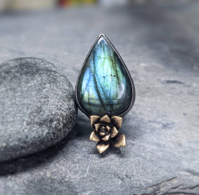 blue flash labradorite cast succulent adjustable statement ring Sterling silver