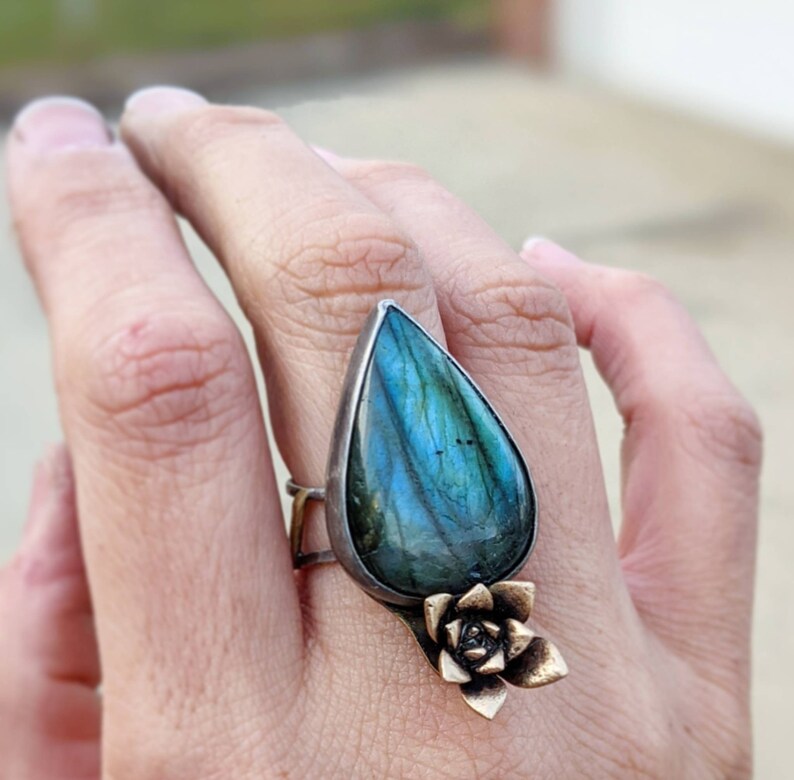 blue flash labradorite cast succulent adjustable statement ring Sterling silver