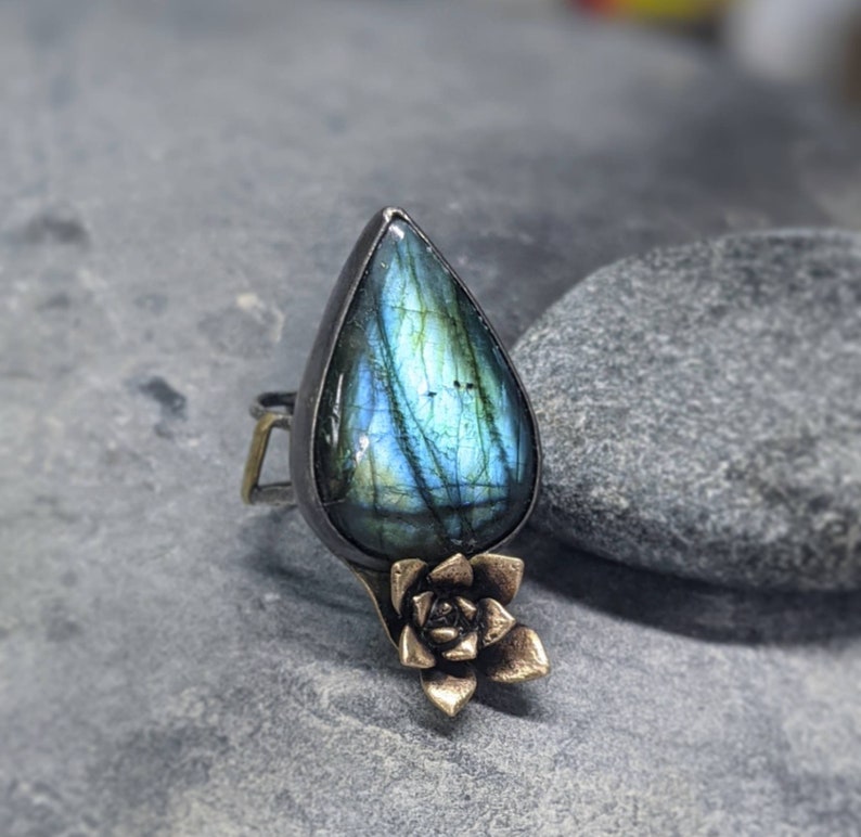 blue flash labradorite cast succulent adjustable statement ring Sterling silver