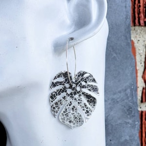 Large hammered sterling silver tropical monstera leaf earrings