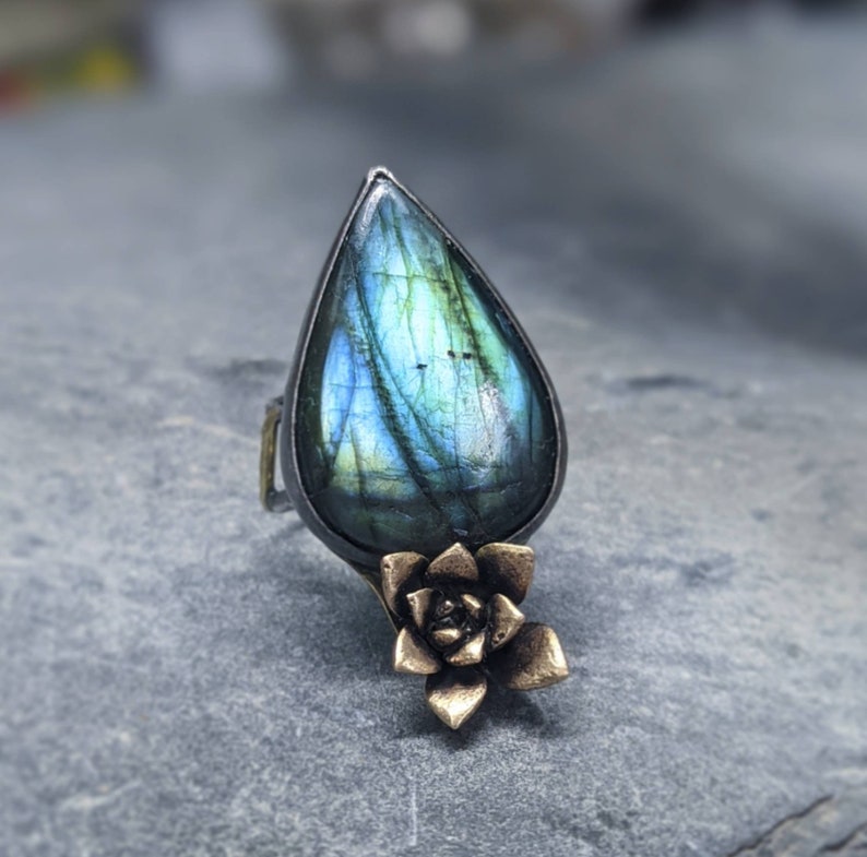 blue flash labradorite cast succulent adjustable statement ring Sterling silver