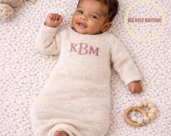 Knitted Baby gown with name, Personalized coming home outfit, monogrammed baby girl gown, embroidered newborn gown, baby hospital gown