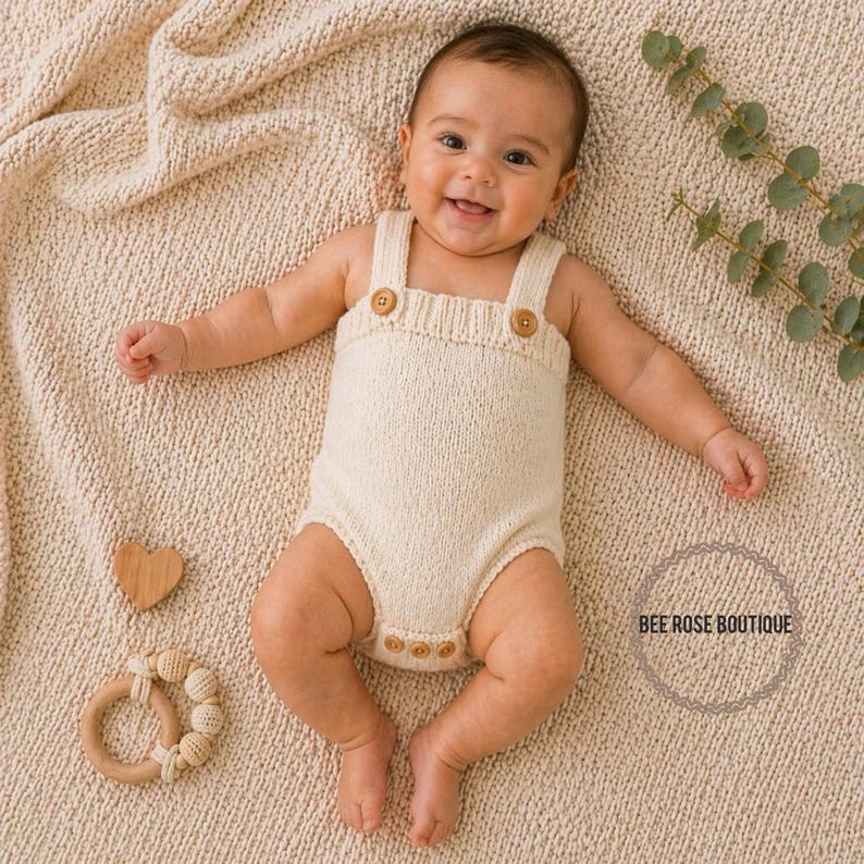 K&ouml;nnte beinhalten: Ein l&auml;chelndes Baby in einem cremefarbenen Strick-Strampler mit Holzkn&ouml;pfen. Das Baby liegt auf einer cremefarbenen Strickdecke, mit einem Holzherz und einem Bei&szlig;ring aus Holz in der N&auml;he. Marke "BEE ROSE BOUTIQUE".