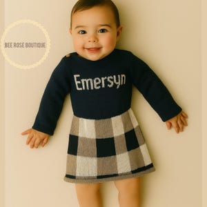 Personalized plaid Baby dress| Knit baby clothes, Newborn girl coming home outfit, Preemie girl clothes, Customizable Baby name clothes