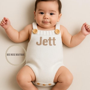 Knit baby romper with name| Knit Overalls suspenders| personalized newborn outfit| Boy coming home outfit| Knitted baby clothes| Preemie boy