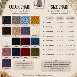May include: Color and size chart for baby knits, featuring a variety of yarn colors like charcoal, baby blue, and mustard. The size chart includes preemie to 18-24 months, with weight ranges in pounds. The text says, "Made to order. Multiple colors available."