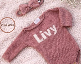 Conjunto de suéter y pelele personalizado con nombre para bebé niña, conjunto de punto personalizado para bebé, conjunto bordado para recién nacida para la salida del hospital, pelele para bebé niña