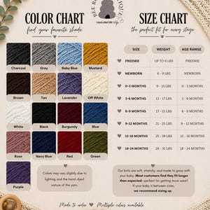 May include: Color and size chart for baby knits, featuring a variety of yarn colors like charcoal, baby blue, and mustard. The size chart includes preemie to 18-24 months, with weight ranges in pounds. The text says "Made to order" and "Multiple colors available."