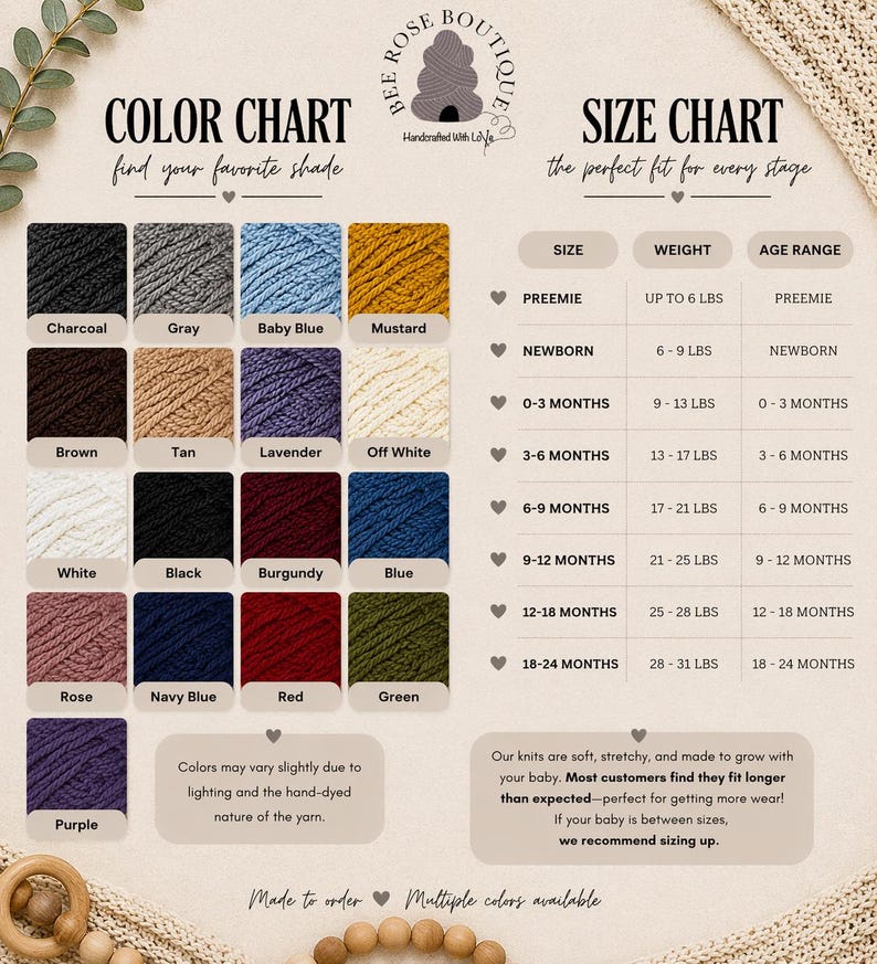 May include: Color and size chart for baby knits, featuring a variety of yarn colors like charcoal, baby blue, and mustard. The size chart includes preemie to 18-24 months, with weight ranges in pounds. The text says "Made to order" and "Multiple colors available."