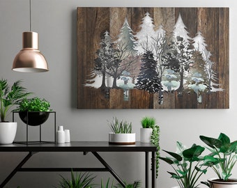 Peinture sur toile - arbres, arbres de Noël, planches, rustique