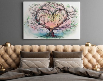 Peinture sur toile - arbre, cœur, amour, coloré;