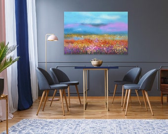 Peinture sur toile - prairie, fleurs, printemps, paysage, paysage