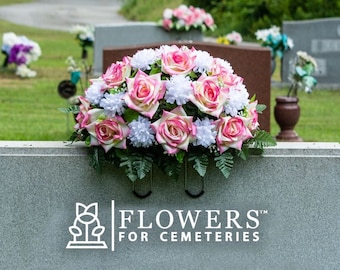 Cream Pink Open Roses and White Mums Cemetery Saddle - Cemetery Flower Arrangement for Grave - Mothers Day Headstone Saddle (SD2593)