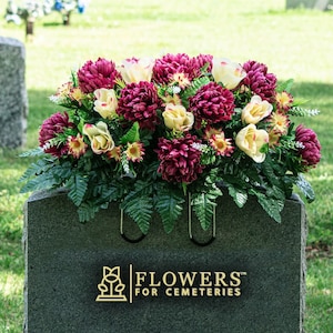 Plum Mums and Cream Pink Roses Artificial Cemetery Saddle - Summer Headstone Saddle