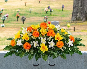 Orange Rose and Yellow Alstroemeria Summer Cemetery Saddle - Cemetery Flower Arrangement - Headstone Saddle (SD2443)