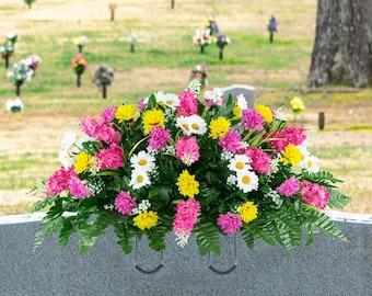 Pink and Yellow Wildflower Cemetery Saddle - Artificial Mothers Day Cemetery Flowers - Spring Headstone Saddle