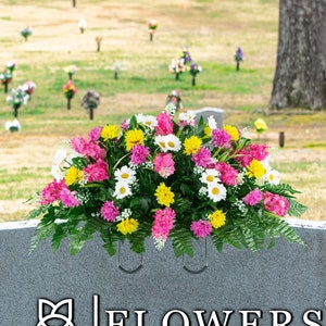 Pink and Yellow Wildflower Cemetery Saddle - Artificial Mothers Day Cemetery Flowers - Spring Headstone Saddle