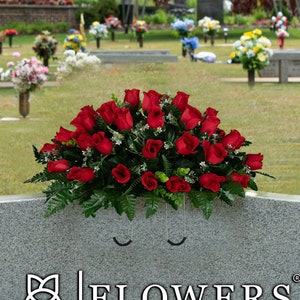 Red Rose Buds Cemetery Saddle - Artificial Spring Cemetery Flowers Arrangement - Patriotic Cemetery Headstone Saddle - Valentines Day Flower