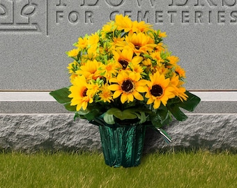 Artificial Sunflowers in Green Flower Pot For Outdoor Use -  Weighted Sunflower Flower Arrangement For Cemetery or Home Decor