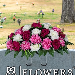 White Rose and Pink Peony Cemetery Saddle - Summer Cemetery Flower Arrangement - Artificial Pink and Cemetery Flowers for Headstone