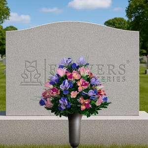 Pink Tulips and Purple Iris Cemetery Arrangement for Vase - Spring Flowers for Cemetery Vase