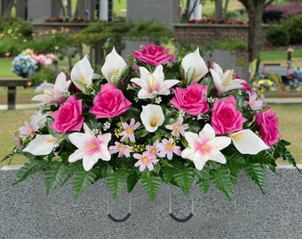 White Calla Lily and Pink Rose Cemetery Saddle - Mothers Day Cemetery Flower Arrangement - Artificial Spring Cemetery Flowers