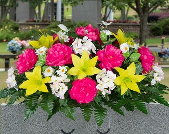 Pink Peony and Yellow Lily Cemetery Saddle - Mothers Day Cemetery Flower Arrangement - Artificial Spring Cemetery Flowers