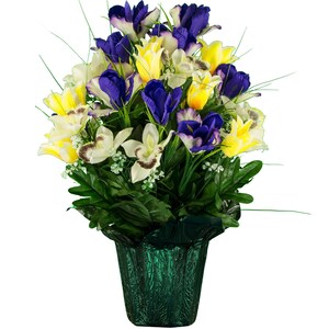May include: A bouquet of artificial flowers in a green pot. The flowers are yellow, white, and purple. The bouquet is perfect for a home or office.