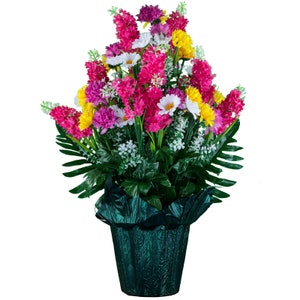 Pink Yellow and White Wildflower Potted Silk Flower Cemetery Arrangement - Graveside Silk Flowers in Weighted Pot (PT2395)