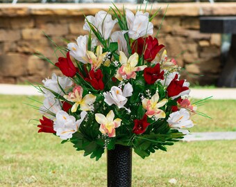 Red Tulips and White Iris Cemetery Flowers - Artificial Mothers Day Flowers for Cemetery Vase (MD2309)