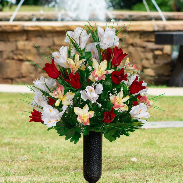 Red Tulips and White Iris Cemetery Flowers - Artificial Mothers Day Flowers for Cemetery Vase (MD2309)