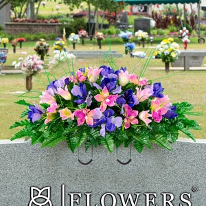 Pink Tulip & Purple Iris Cemetery Saddle – Artificial Cemetery Flower Arrangement for Headstone