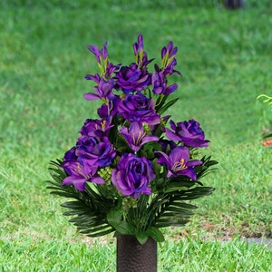 Midnight Purple Roses and Lilies Mix Cemetery Flowers for Vase - Artificial Flowers for Cemetery - Mothers Day Cemetery Arrangement