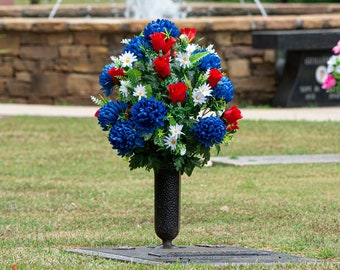 Patriotic Blue Mums and Red Rose Buds with White Daisies Cemetery Flower for Vase - Sympathy Artificial Flowers for Cemetery (LG2707)