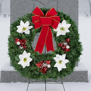 White Poinsettia Christmas Wreath With Red Velvet Bow on Easel - Etsy