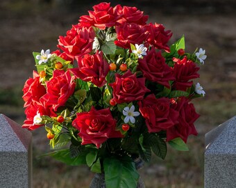 Red Diamond Roses Cemetery Vase Arrangement - Artificial Cemetery Flowers - Valentines Day Cemetery Flowers (MD2646)