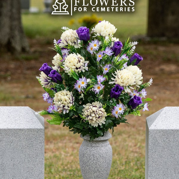 Lavender Cream Mums and Purple Rose Buds Cemetery Flowers for Vase, Sympathy Artificial Flowers for Cemetery, Cemetery Flowers (LG2529)