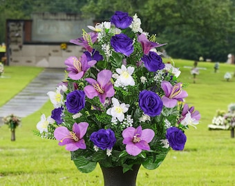 Purple and Lavender Alstroemeria Cemetery Flowers with Vase - Mothers Day Artificial Flowers for Cemetery with Vase Included