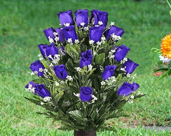 Purple Roses with Baby's Breath Cemetery Flowers for Vase - Artificial  Summer Flowers for Cemetery (MD1995)