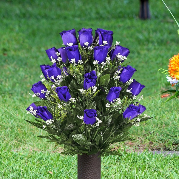 Purple Roses with Baby's Breath Cemetery Flowers for Vase - Artificial  Summer Flowers for Cemetery (MD1995)