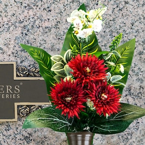 Red Mums and Greenery Mausoleum Cemetery Arrangement for Vase - Crypt Vase Spring and Summer Flowers for Mausoleum Vase