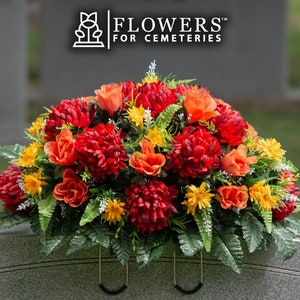 Burgundy Mum and Orange Rose Cemetery Saddle - Fall Cemetery Flowers - Cemetery Decoration (SD2518)