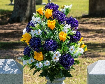 Spring Purple Mum and Yellow Rose Cemetery Flower for Vase - Sympathy Artificial Flowers for Cemetery - Cemetery Flowers (LG2706)