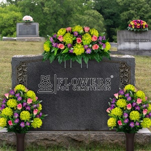 Spring Lime Green Mums and Pink Roses Cemetery Saddle and Flower Set - Cemetery Flowers (1-SD2710/2-LG2711)
