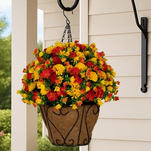 Artificial Orange and Yellow Garden Mums Floral Arrangement in a Hanging Basket - Fall Home Decor