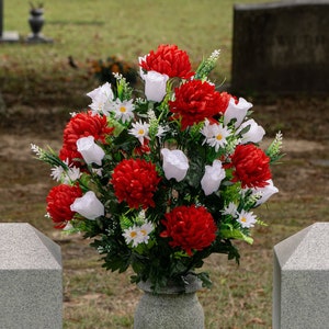 Mamás Rojas y Rosas Blancas - Flores Artificiales de Condolencia para Cementerio - Flores de Cementerio de Navidad (LG2516)