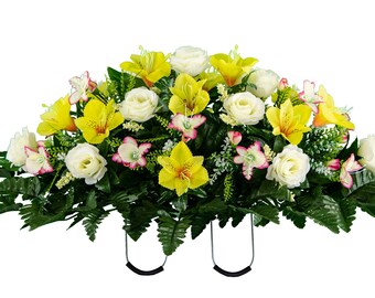 White Rose and Yellow Alstroemeria Cemetery Saddle - Silk Cemetery Flower Arrangement - Headstone Saddle (SD2441)