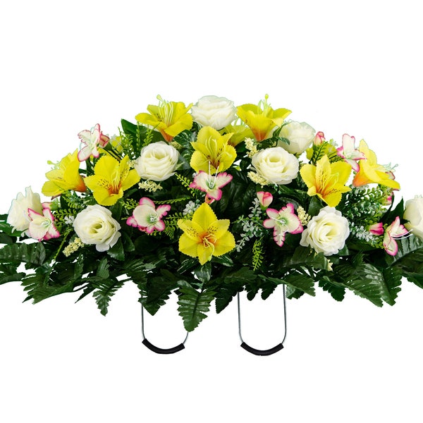 White Rose and Yellow Alstroemeria Cemetery Saddle - Silk Cemetery Flower Arrangement - Headstone Saddle (SD2441)